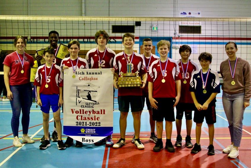 The East Wiltshire Warriors won the 45th edition of the Callaghan Boys Volleyball Classic at M.E. Callaghan Intermediate School on Oct. 23. The Warriors defeated the Montague Storm 2-0 in the championship match at M.E. Callaghan Intermediate School. Scores were 25-14, 25-23. Members of the Warriors are, from left: Emily Murray (coach), Nathan Rist (5), Rayner Glenn (holding trophies behind Rist), Josh Levy, Jack Buchanan, David Inman, Jadon Somers, Steven Dennis, Joshua Storey, Nick Frizzell and Gale Edison (coach).