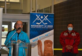 Membertou Chief Terry Paul announces his community will host the National Aboriginal Hockey Championship as Coun. Craig Christmas looks on. The tournament will take place in May at the Membertou Sport and Wellness Centre. ARDELLE REYNOLDS/CAPE BRETON POST