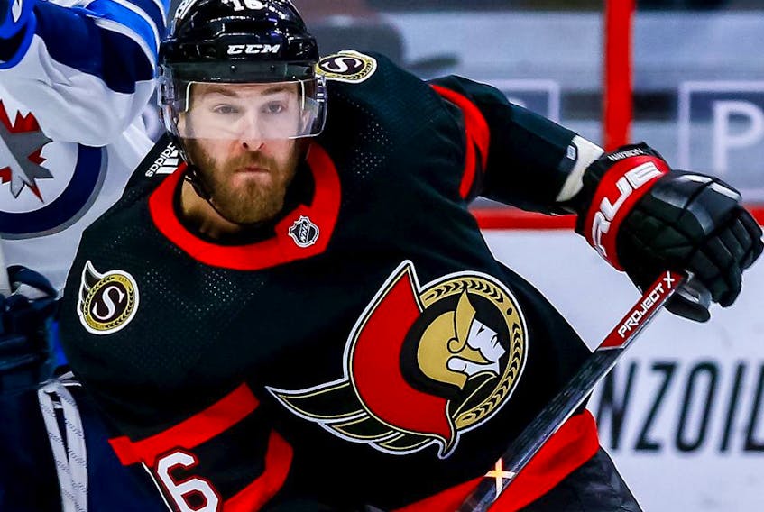 Senators winger Austin Watson suffered an ankle injury in the club's final exhibition game, Oct. 7, 2021.