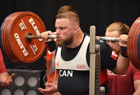 R.J. Forbes of New Brunswick takes deep breaths as he prepares to squat 617 pounds at the Eastern Canadian Powerlifting and Bench Press Championship at Holiday Inn Sydney Waterfront on Thursday. JEREMY FRASER/CAPE BRETON POST.