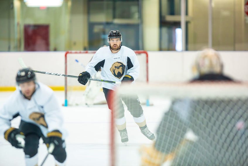 Newfoundland Growlers assistant captain Zach O'Brien skates during a practice session at the Glacier in Mount Pearl earlier this month. Banned from using from Mary Brown's Centre in St. John's, the Growlers have returned to the Glacier this week. — Newfoundland Growlers photo/Jeff Parsons