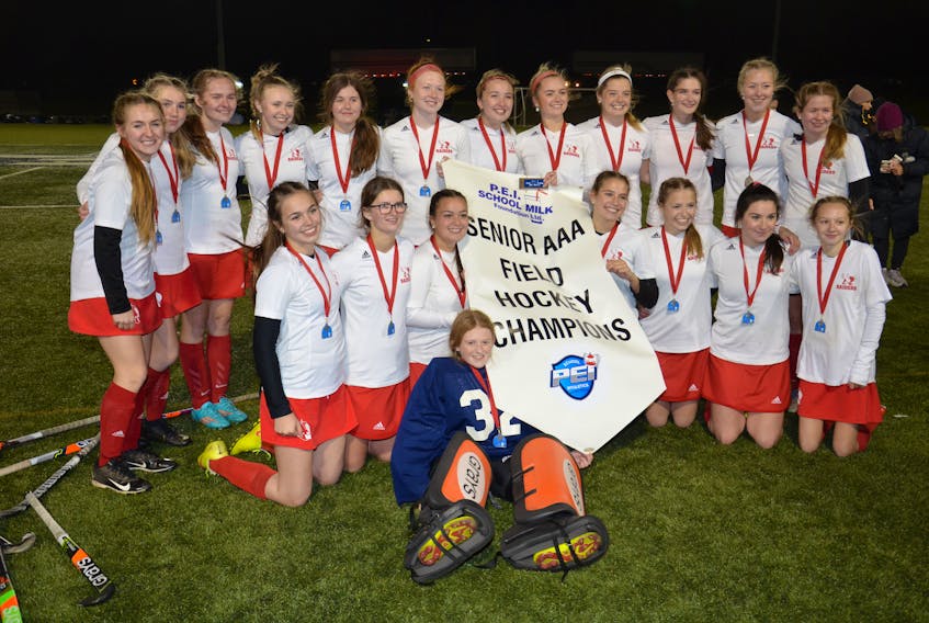 The Charlottetown Rural Raiders defeated the Colonel Gray Colonels 3-1 in the P.E.I. School Athletic Association Senior Girls Field Hockey League championship game at the UPEI turf field on Oct. 27. Members of the Raiders are goalie Marcy Ives in front and kneeling, from left, Gwen Costello, Kayla Batchilder, Bella Doyle, Brooke Walsh, Kailey Lutley, Sadie Lund and Jorgia MacPhee. Back row, from left, are Paige Hancock, Melia Mason, Kaitlyn MacPherson, Ella MacDougall, Jorja Hambly, Livi Lawlor, Catherine Walker, Grace Larkin, Molly Doyle, Ellen Carragher, Reegan Bolger and Molly MacNeil.