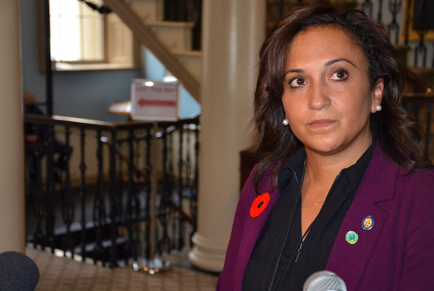 Angela Simmonds, the Liberal MLA for Preston, talks at Province House in Halifax on Friday, Oct. 29, 2021, about a government department staffer's firing for making racist comments about her in a social media message.