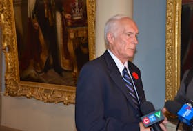 Tourism Minister Pat Dunn talks to media at Province House in Halifax on Friday, Oct. 29, 2021.