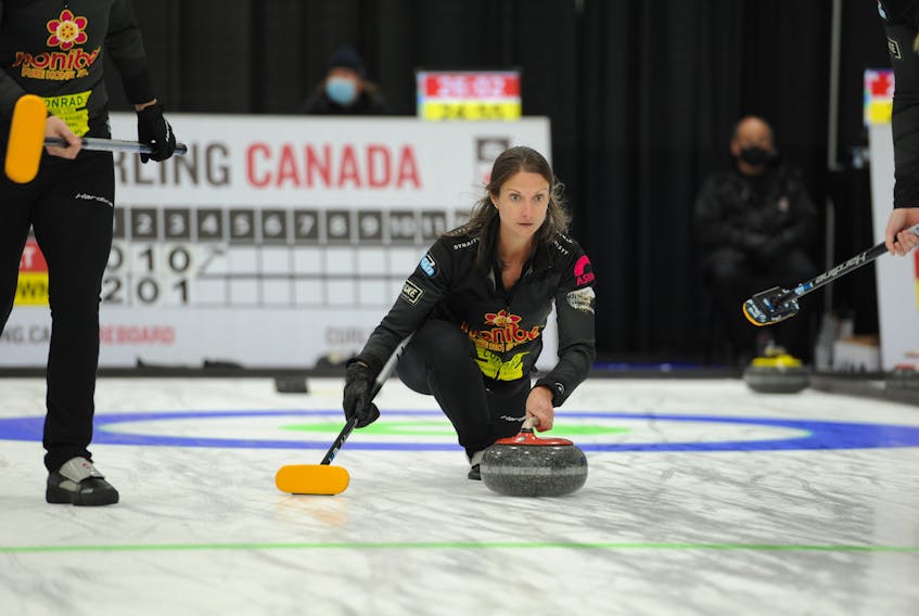 Skip Suzanne Birt releases a shot during the Canadian Curling Trials Direct Entry event in Ottawa in September. The Birt rink, which curls out of the Cornwall and Montague clubs, enters the final day of play at the 2021 Home Hardware Curling Pre-Trials event in Liverpool, N.S., with a record of 4-1 (won-lost). Curling Canada/Claudette Bockstael
