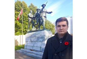 Graduate of the War Amps Child Amputee Program, 28-year-old Matthew Handrahan, recently paused for a moment of silence at Charlottetown’s cenotaph as part of CHAMP’s Operation Legacy.