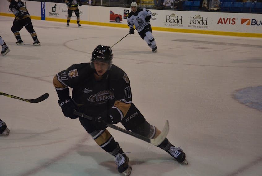 Charlottetown Islanders forward Jakub Brabenec tracks the puck during a Quebec Major Junior Hockey League game against the Gatineau Olympiques at Eastlink Centre on Oct. 28. Brabenec scored a goal and added an assist in a 4-3 overtime loss to the visiting Moncton Wildcats on Oct. 30. The Islanders earned five of a possible six points in a stretch of three games in three days in the Quebec Major Junior Hockey League last week.