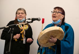 Wagmatcook elder Pauline Isadore performed a song with elder Margaret Tuplin as part of the renaming ceremony at Eltuek Arts Centre in Sydney on Friday morning. CONTRIBUTED