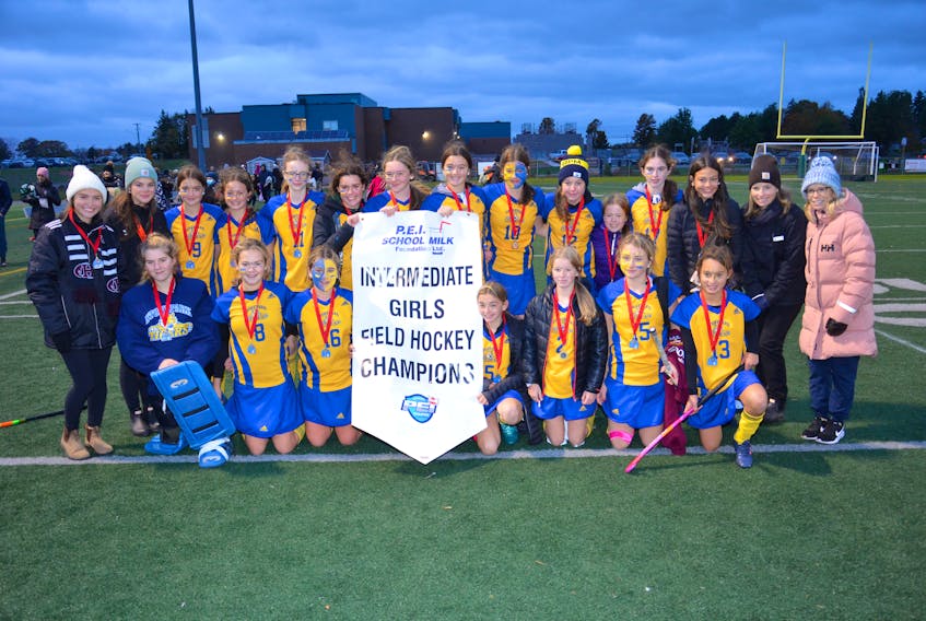 The Stonepark Tigers recorded a 4-1 overtime win over the Birchwood Cobras in the P.E.I. School Athletic Association intermediate AA field hockey championship at the Terry Fox Sports Complex in Cornwall recently. Members of the Stonepark team are, front row, from left: Kaelyn Doyle (goalie), Kali MacDonald, Reegan MacCallum, Addison Dunn, Camryn Reardon, Reese Baker and Cadence Player. Back row: Ashlyn Kelly (assistant coach ), Lindsey Doiron (assistant coach ), Marley David, Haylee MacDonald, Mia MacDonald, Olivia Roach, Miah Lawlor, Mya Larkin, Jessi Doyle, Lily Gallant, Laila Ellis, Bella Fitzpatrick, Georgia Maxwell, Rhonda Ellis (assistant coach) and Holly Reardon (head coach).
