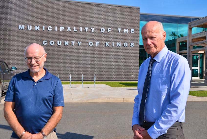 District 8 Kings County Coun. Jim Winsor and Mayor Peter Muttart outside the municipal complex in Coldbrook. Muttart is embarking on a tour that will involve hosting public meetings with the area councillor in all eight electoral districts. KIRK STARRATT