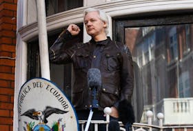  In this file photo taken in 2017 Wikileaks founder Julian Assange speaks on the balcony of the Embassy of Ecuador in London.