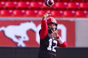  Calgary Stampeders quarterback Jake Maier throws during practice at McMahon Stadium in Calgary on Tuesday, Sept. 28, 2021.