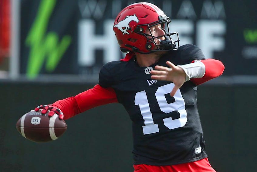 Calgary Stampeders quarterback Bo Levi Mitchell throws during practice at McMahon Stadium in Calgary on Thursday, Sept. 30, 2021. 