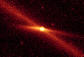 This image, taken by NASA Spitzer Space Telescope, shows the comet Encke riding along its pebbly trail of debris along a diagonal line between the orbits of Mars and Jupiter. - NASA 