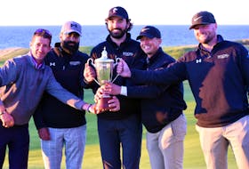 The team from Whitetail Golf Club in Eganville, Ont., captured the 2021 RBC PGA Scramble National Championship at Cabot Cliffs in Inverness on Tuesday. Members of the team, seen here with the championship trophy, include Jason McGrath, Jonathan Schaler, Jouni Jutila, Joshua Hooper and Manraj Grewal. CONTRIBUTED • PGA OF CANADA