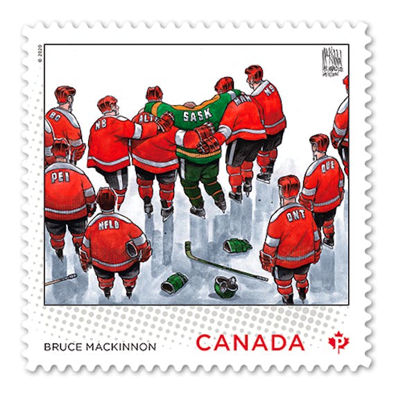Bruce MacKinnon's editorial cartoon after 16 people were killed after the bus carrying the Humboldt Bronco hockey team was struck by semi-trailer truck near Armley, Sask., on April 6, 2018, was selected by Canada Post to be featured on a stamp.