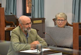 Federation of Agriculture president Ron Maynard, left, and interim executive director Anne Boswall spoke before a standing committee on Oct. 7 in Charlottetown. Maynard said he believes data about water usage by farms that use supplemental irrigation should be made public.