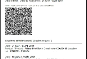 Sample of a printed COVID-19 vaccination record.