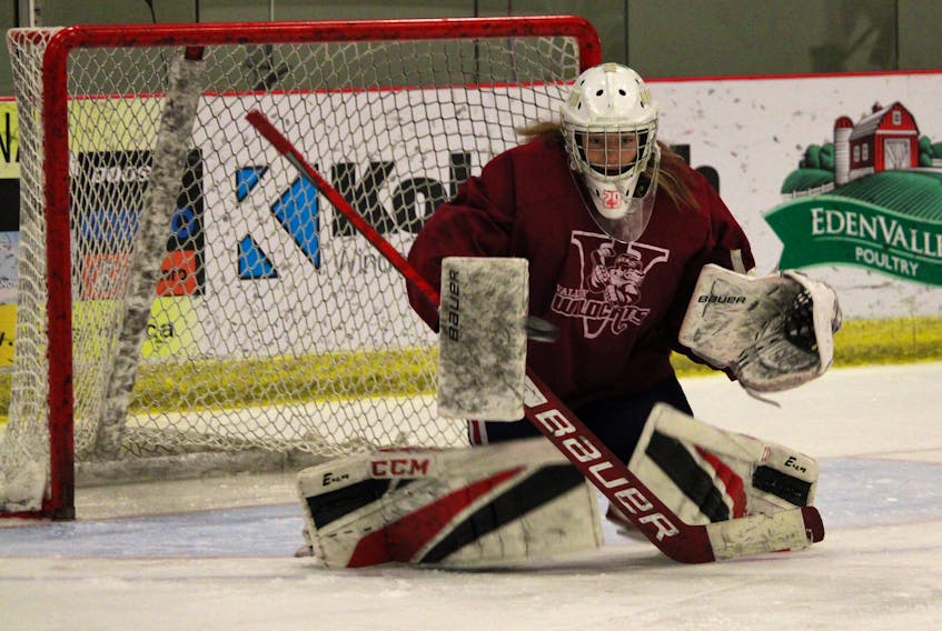 Chase Crowell makes a blocker save on a shot during the Kohltech Valley Wildcats practice on Sept. 30 at the Kings Mutual Century Centre in Berwick.