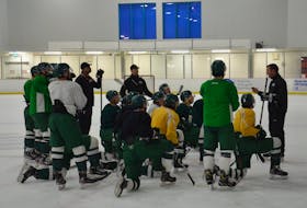 UPEI Panthers head coach Forbie MacPherson, right, explains a drill during a practice earlier this week. The Panthers open the 2021-22 Atlantic University Sport men’s hockey regular season at MacLauchlan Arena on Oct. 8 against the UNB Reds. The opening faceoff is 7 p.m.
