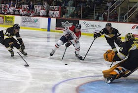 Acadia Axemen captain Garrett McFadden uses a backhand to beat Dalhousie Tigers goalie Connor Hicks for his first goal of the 2021-22 season.