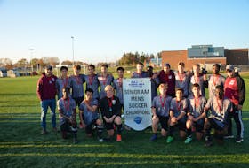 The Colonel Gray Colonels won the Prince Edward Island School Athletic Association Senior AAA Boys Soccer League championship on Oct. 30. The Colonels pulled out a 2-1 victory over the Charlottetown Rural Raiders in the gold-medal game at the Terry Fox Sports Complex in Cornwall. Members of the Colonels are, front row, from left, Jonathan Ndayegamiye, Jay Phan, Kole MacWilliams, Logan MacWilliams, Zacharia Sefau, Luke Doucette and Abdi Mahamud. Back row, from left, are Joel Doran (assistant coach), Merlin Devine, Ben Hashimoto, Trung Nyugen, Noah Killorn, Tony Nyugen, Jake Tweel, Christian Ndayegamiye, Amir Abusneena, Ronan Lantz, Miek Bohl, Maxwell Budu-Amoako and Wally Morrison (head coach).