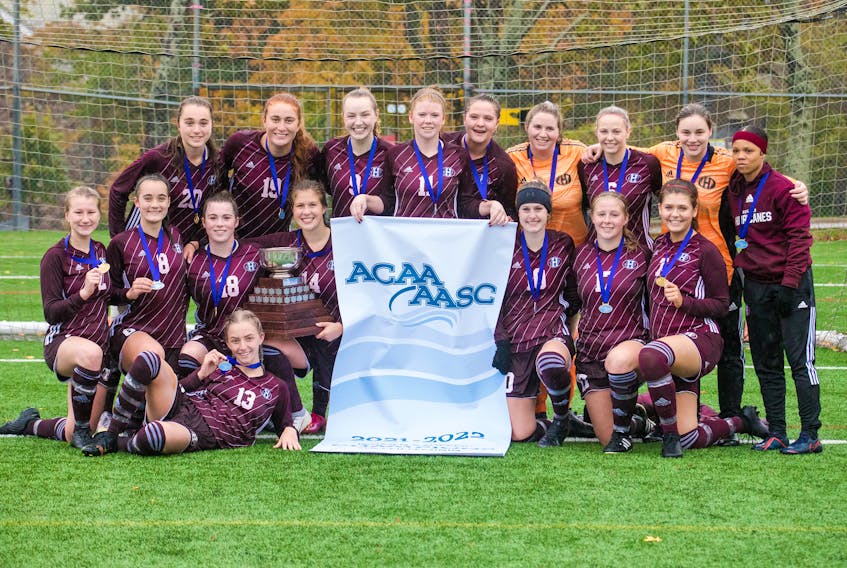 The Holland Hurricanes repeated as Atlantic Collegiate Athletic Association (ACAA) women’s soccer champions on Oct. 31. The Hurricanes defeated the Mount Saint Vincent University (MSVU) Mystics 2-0 in the championship game at Wickwire Field in Halifax. Members of the Hurricanes are Emily Lepine, lying in front, and kneeling, from left, Macy Chiasson, Helena Vos, Reese Kelly, Paige Deighan, Emily Cormier, Louisa McMurrer and Abigail Cox. Back row, from left, are Renee Arsenault, Miranda McKinnon, Sarah MacVarish, Bethany MacDougall, Keanna Ryan, Bri Spencer, Hayden Chaisson, Kylie MacLellan and Jazae Smith. 
