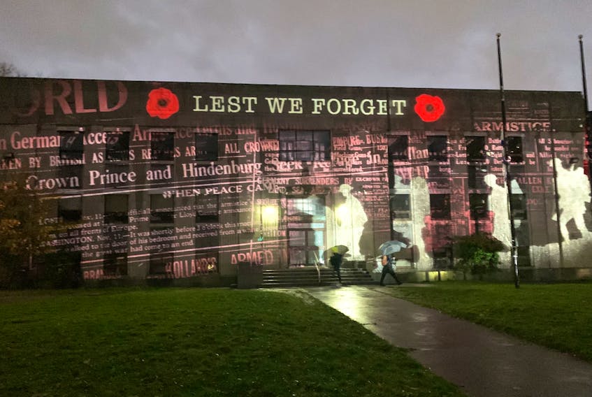 In honour of Remembrance Day, a special light show was projected on the former Halifax Memorial Library Wednesday evening, November 10. The Remembrance Day projection will be replacing the current Fall projection for Wednesday and Thursday, November 11th. The light show is a part of Downtown Halifax Business Commission’s ‘Delightful Downtown’ lighting program. Launched. The program is a series of vivid light shows and installations taking place at various locations in Downtown Halifax between October 2021 and March 2022.