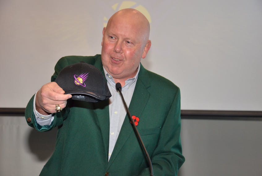 Eastern Canadian Basketball League (ECBL) president Tim Kendrick holds up a Summerside Slam hat during a media conference at Credit Union Place on Nov. 10. Kendrick announced the Slam will begin play in the ECBL in March 2022.