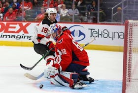 Goalie Zachary Fucale corrals the puck during an NHL exhibition game with the Washington Capitals on Sept. 21. - Washington Capitals