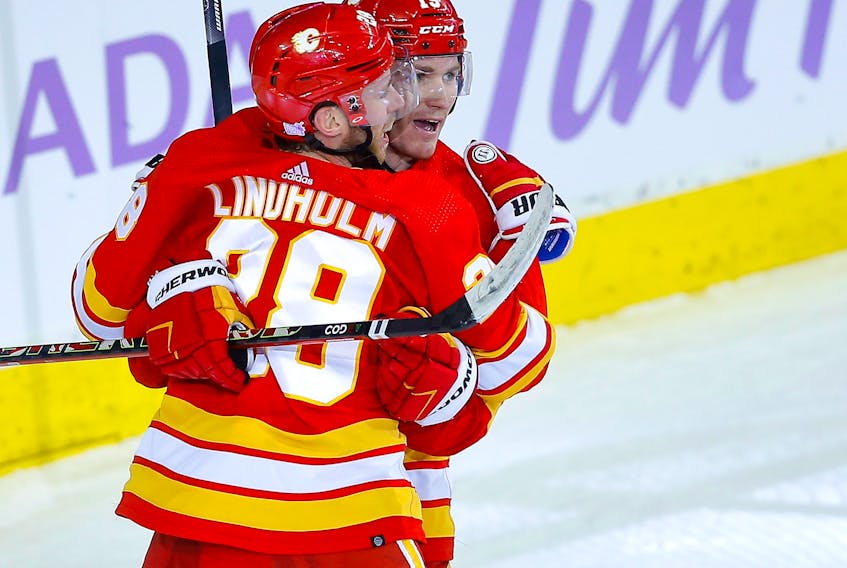 Calgary Flames' Matthew Tkachuk (right) celebrates a goal with Elias Lindholm.