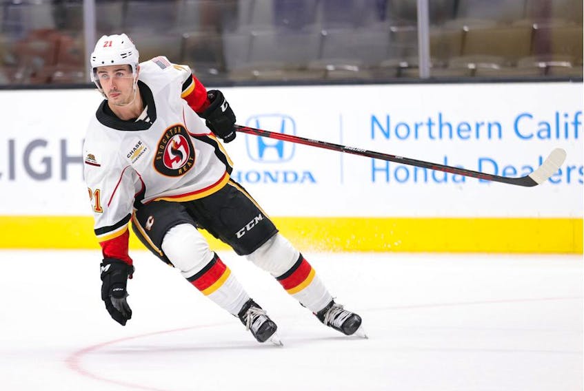 Flames forward prospect Glenn Gawdin has piled up 107 career points on behalf of the American Hockey League's Stockton Heat, two shy of the franchise record. (Photo courtesy of Stockton Heat.) 