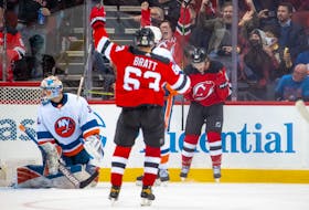 The New Jersey Devils’ Dawson Mercer (18) and Jesper Bratt celebrate Mercer’s goal on New York Islanders netminder Ilya Sorokin Thursday night in Newark, N.J. — New Jersey Devils/Twitter
