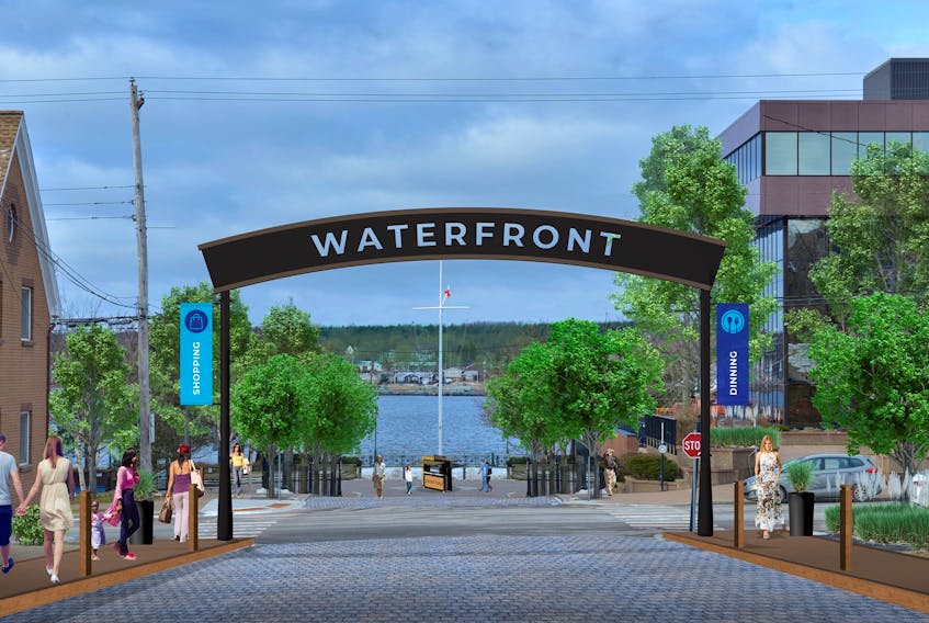 An artist's illustration of new signage to indicate a "waterfront" neighbourhood within downtown Sydney. This sign, for instance, would be located on Wentworth Street near the Esplanade. CONTRIBUTED