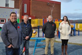 The City of Corner Brook showed off the improvements that’s been made to make the playground at J.J. Curling Elementary more accessible on Nov. 10. From left, are, Mayor Jim Parsons, Brent Humphries, executive director of the Corner Brook Stream Development Corporation, J.J. Curling principal Frank Humber and Jessica Parsons, the city’s supervisor of recreation services.