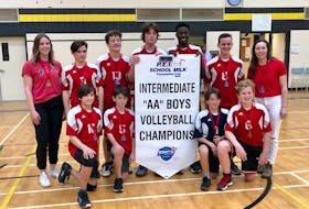 The East Wiltshire Warriors are the 2021 champions of the P.E.I. School Athletic Association Intermediate AA Boys Volleyball League. The Warriors defeated host Queen Charlotte 3-2 (20-25, 24-26, 25-17, 25-16, 15-10) in the recent gold-medal match. Members of the Warriors are, front row, from left,  Joshua Storey, Nathan Rist, Nick Frizzell and Steven Dennis. Back row, from left, are Emily Murray (coach), Josh Levy, David Inman, Jack Buchanan, Rayner Glenn, Jaydon Somers and Gale Edison (coach). Missing from the photo are Hunter Crozier and Brad Sigsworth.