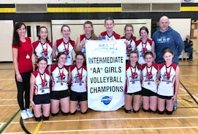 The East Wiltshire Warriors won the P.E.I. School Athletic Association (PEISAA) Intermediate AA Girls Volleyball League championship recently. The Warriors defeated the Stonepark Tigers 3-0 (25-15, 25-19, 25-21) in the gold-medal match at Queen Charlotte Intermediate School in Charlottetown. Members of the Warriors are, front row, from left, Rebekah Woodworth, Lauryn Woodworth, Rachel MacFadyen, Mava Gauthier, Abby Mahoney and Peyton Peters. Back row, from left, are Melissa MacKinnon (assistant coach), Kayla Story, Reagan Hunter, Ariah Pot, Sophia Butler, Halle Murray, Jocelyn Landry and Philip Woodworth (head coach).