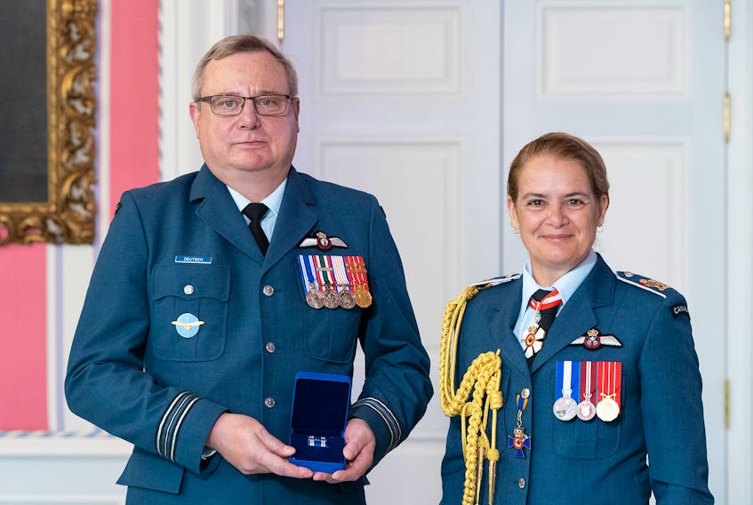 Maj. Michael Deutsch receives the Meritorious Service Medal from then governor-general Julie Payette at a ceremony in Ottawa on June 13, 2019. That medal was one of four stolen from a hotel room in Halifax on Remembrance Day.