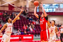 After averaging nearly 30 points per contest in a pair of wins over the Cape Breton Capers last weekend at the Field House, AUS leading scorer Cole Long (23) will look to help the Memorial Sea-Hawks do the same against the visiting Dal Tigers Saturday and Sunday. — Udantha Chandre/Memorial Athletics