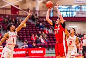 After averaging nearly 30 points per contest in a pair of wins over the Cape Breton Capers last weekend at the Field House, AUS leading scorer Cole Long (23) will look to help the Memorial Sea-Hawks do the same against the visiting Dal Tigers Saturday and Sunday. — Udantha Chandre/Memorial Athletics