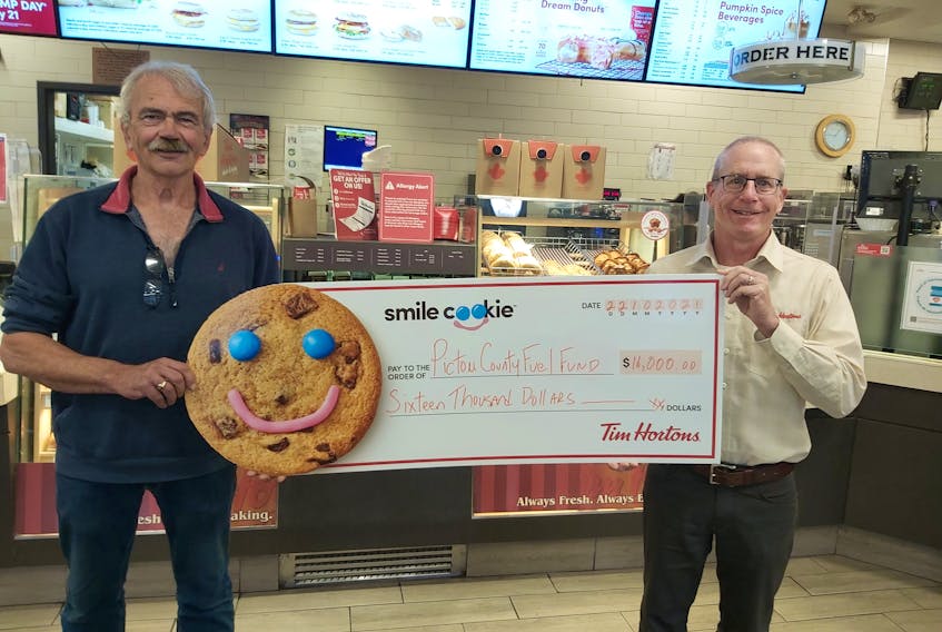 Jim Shaw (right) of the Pictou County Tim Hortons stores presents a cheque for $16,000 to Pictou County Fuel Fund chairperson George MacLellan to kickstart the Fuel Fund’s annual fundraising campaign. The funds were raised from sales of Tim Horton’s Smile Cookies.