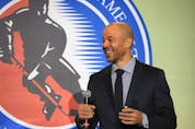 Jerome Iginla takes part in a press opportunity prior to his induction into the Hockey Hall of Fame at the Hockey Hall Of Fame on November 12, 2021 in Toronto, Ontario, Canada.