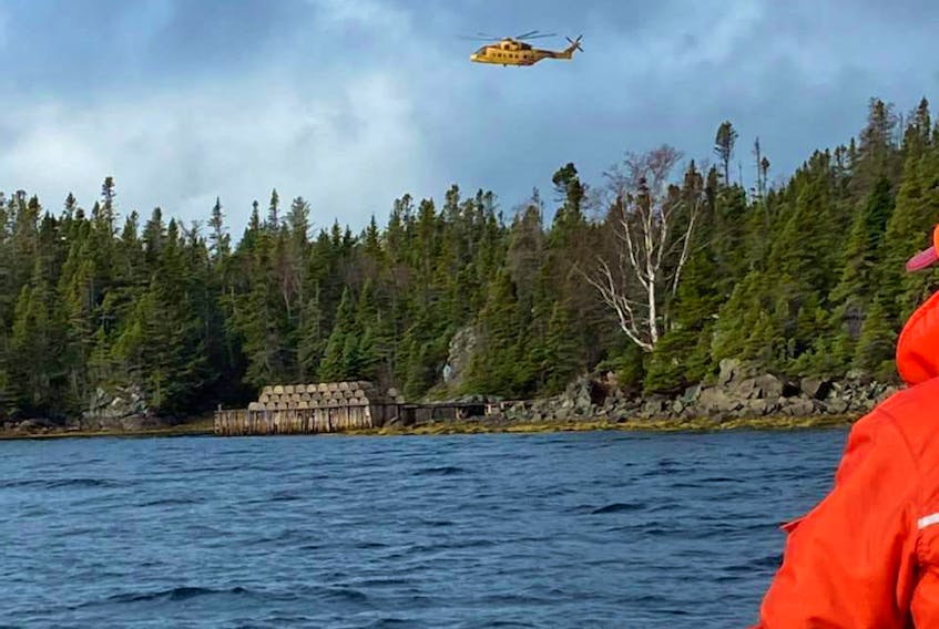A CAF CH-149 Cormorant helicopter from 103 SAR Squadron Gander continues to search for two missing hunters in the Bay of Exploits area. 
Exploits Search and Rescue Facebook page