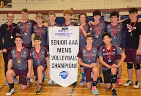 The Colonel Gray Colonels repeated as P.E.I. School Athletic Association (PEISAA) Senior AAA Boys Volleyball League champions on Nov. 13. The Colonels defeated the Three Oaks Axemen 3-0 (25-23, 25-21, 26-24) in the gold-medal match at the Colonel Gray gymnasium. Members of the Colonels are, front row, from left, Brayden Bruce, Seth Gauthier, Jonah Bowie and Eric Huang. Back row, from left, are Max Arsenault (head coach), Nate Whitnell, Jonah Murphy, Paul Kingston, Ben Plourde, Jonathan Hyndman, Zach Harris, Desmond Cunniffe and Nick Harris.