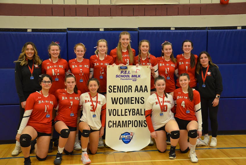 The Charlottetown Rural Raiders defeated the Colonel Gray Colonels 3-0 (25-19, 25-14, 25-23) in the gold-medal match of the P.E.I. School Athletic Association (PEISAA) Senior AAA Girls Volleyball League at Colonel Gray High School in Charlottetown on Nov. 13. Members of the Raiders are, front row, from left, Ipek Kayisoglu, Isabelle McGeoghegan, Alanna Mabey, Lilly Keefe and Sydney Lawlor. Back row, from left, are Alice Champion (coach), Bianca Bois-Bastarache, Sahara MacLean, Katie Vidito, Abby MacDonald, Lindsay Burke, Alina Crokett, Beth Walsh and Bella Walsh (coach).