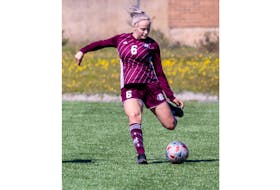 Hayden Chaisson kicks the ball for the Holland Hurricanes in an Atlantic Collegiate Athletic Association (ACAA) women’s soccer game this season. Chaisson, who is from St. Louis, P.E.I., recently completed her second season with the Hurricanes. Darrell Theriault Photo/Holland College Photo