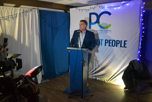 P.E.I. PC Premier Dennis King speaks to supporters and the media after the party's candidate, Mark McLane, won the byelection in Cornwall-Meadowbank Nov. 15. 