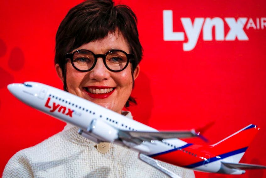 Merren McArthur, CEO of Lynx Air, announces the startup of the new airline in Calgary on Nov. 16, 2021. 