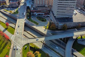 A drone photo captures traffic heading in and out of downtown Halifax via the Cogswell Street interchange on Tuesday, Nov. 2, 2021.