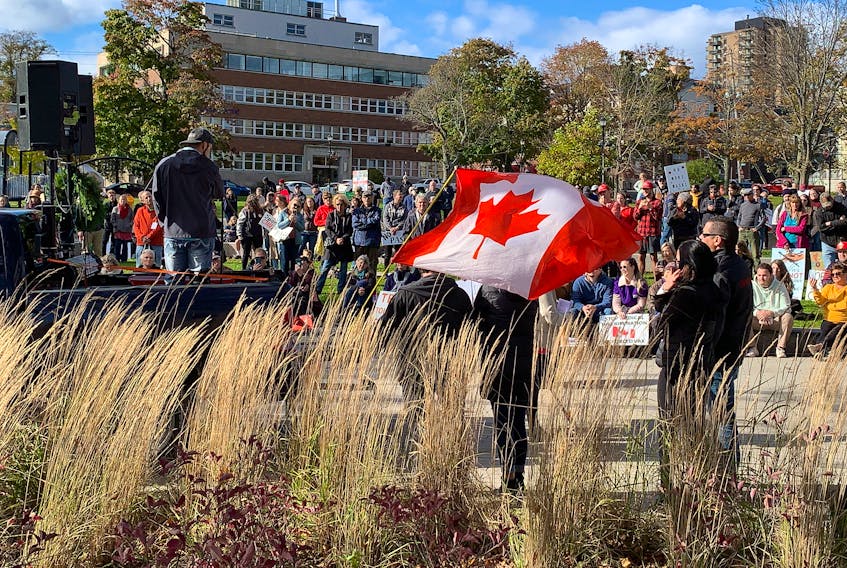 FOR CAMPBELL STORY:
About 250 people rallied at Peace and Friendship Park, and listened to a variety of speakers with concerns about current COVID health mandates, the safety of vaccines, and other COVID-related issues in Halifax Tuesday November 2, 2021. They later marched to Province House.